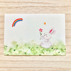 3枚セット「良い事ありますように」水彩画イラストポストカード　うさぎ　ウサギ　虹　ちょうちょ　バレンタイン　バースデー 2枚目の画像