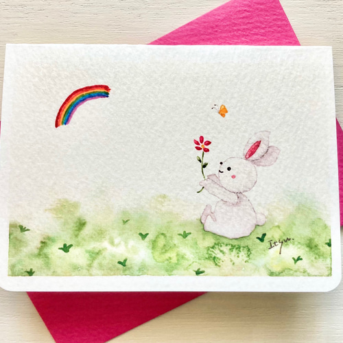 2枚セット「良い事ありますように」水彩画イラスト ミニカード うさぎ