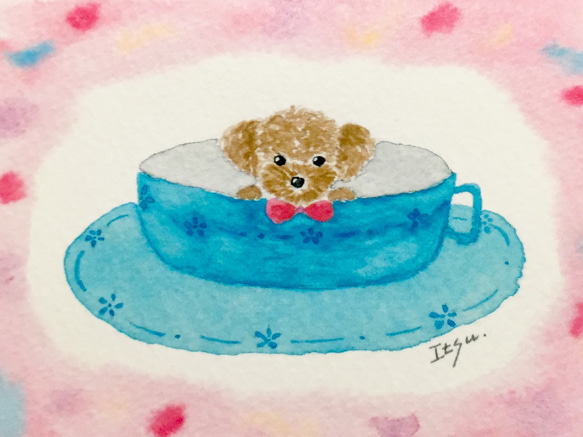 2枚セット「コーヒーカップわんちゃん(ピンク)」水彩画イラスト　ミニカード　犬　プードル 2枚目の画像