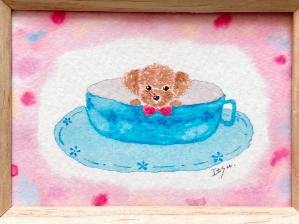 「コーヒーカップわんちゃん(ピンク)」水彩画イラスト　ミニ額　プチギフト 犬　トイプードル　プードル 4枚目の画像