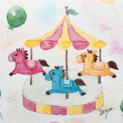 3枚セット「メリーゴーランド」水彩画イラストポストカード　出産祝い　入園式　馬　風船 2枚目の画像