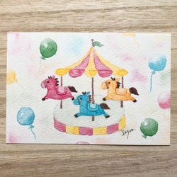 3枚セット「メリーゴーランド」水彩画イラストポストカード　出産祝い　入園式　馬　風船 1枚目の画像