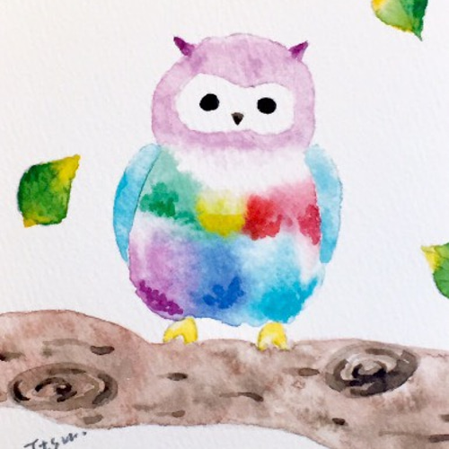 透明水彩画3枚セット「虹色のフクロウ」イラスト ポストカード 透明水彩画3枚セット「虹色のフクロウ」イラスト ポストカード