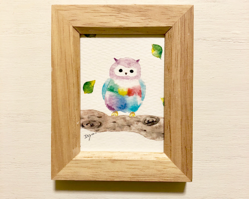 フクロウの絵画 木製フレーム付き - 絵画