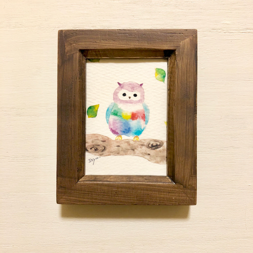 幸運フクロウ「オリジナルイラスト絵画」２L判サイズ ☆開運 フクロウ☆オシャレなインテリア 額付絵画風 風水 幸運