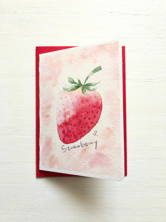 2枚セット「strawberry」水彩画イラスト ミニカード 春 いちご
