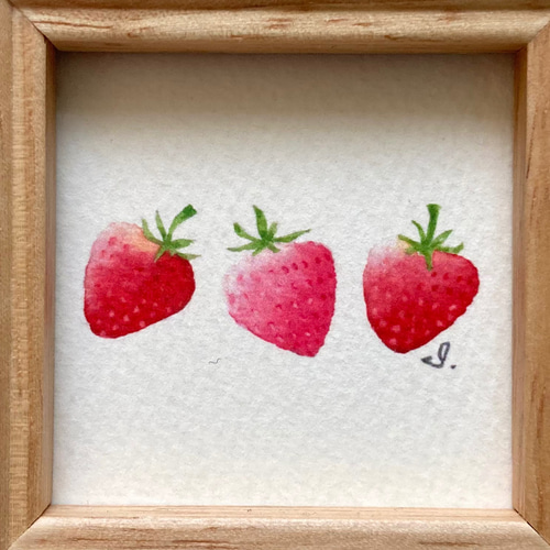 苺」水彩画イラスト ミニ額 いちご イチゴ 春 バレンタイン プチ