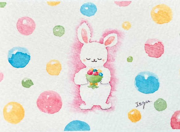 2枚セット「花束どうぞ」水彩画イラスト　ミニカード　うさぎ　ウサギ　バースデーカード　入学式　入園式　出産祝い 2枚目の画像