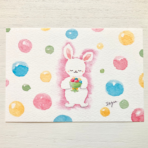 3枚セット「花束どうぞ」水彩画イラストポストカード うさぎ