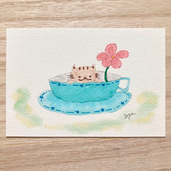 3枚セット「コーヒカップ猫」水彩画イラストポストカード　ネコ　ねこ　花　癒し　 1枚目の画像