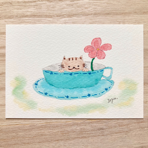 3枚セット「コーヒカップ猫」水彩画イラストポストカード ネコ