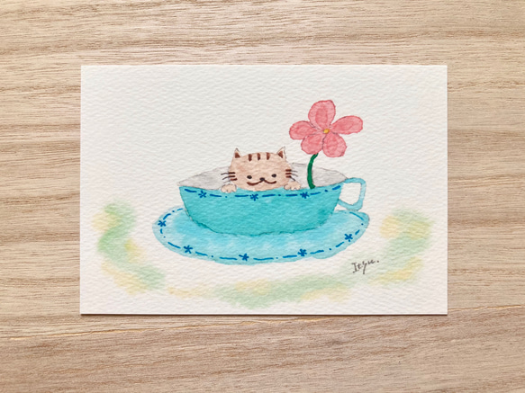 3枚セット「コーヒカップ猫」水彩画イラストポストカード　ネコ　ねこ　花　癒し　 1枚目の画像