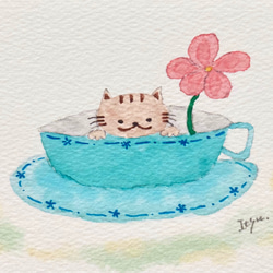 3枚セット「コーヒカップ猫」水彩画イラストポストカード　ネコ　ねこ　花　癒し　 2枚目の画像