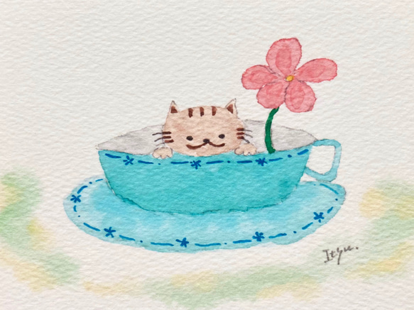 3枚セット「コーヒカップ猫」水彩画イラストポストカード　ネコ　ねこ　花　癒し　 2枚目の画像