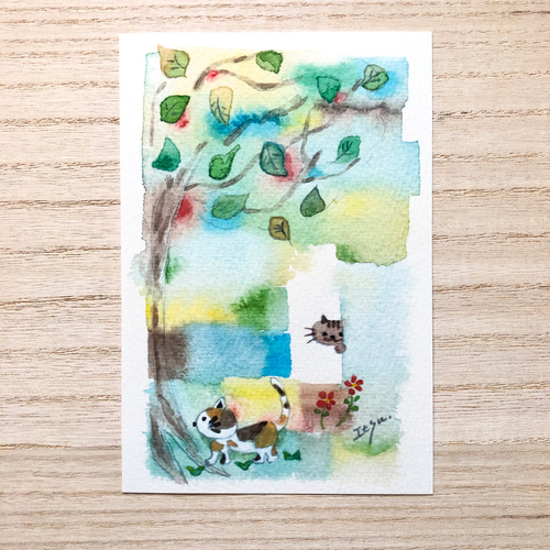 猫のいる風景の水彩画ポストカード&ミニフレーム - ショップ