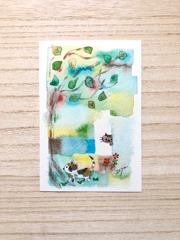 3枚セット「猫たち、森の中でかくれんぼ」水彩画イラストポスト