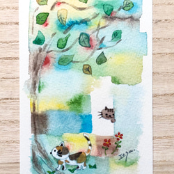 3枚セット「猫たち、森の中でかくれんぼ」水彩画イラストポストカード　ネコ　ねこ　 2枚目の画像