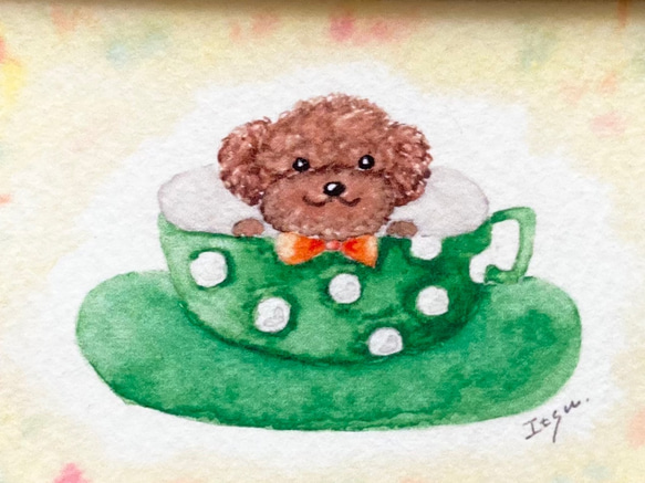 「コーヒーカップわんちゃん」水彩画イラスト　ミニ額　トイプードル　プードル　犬　いぬ　プチギフト 4枚目の画像