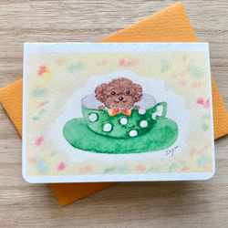 2枚セット「コーヒーカップわんちゃん(グリーン)」水彩画イラスト　ミニカード　トイプードル　プードル　犬　いぬ　 1枚目の画像