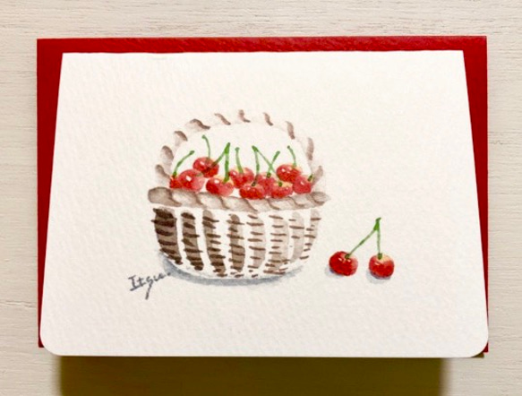 2枚セット「さくらんぼ」水彩画イラスト　ミニカード　バースデーカード　メッセージカード　サクランボ　フルーツ　果物 2枚目の画像