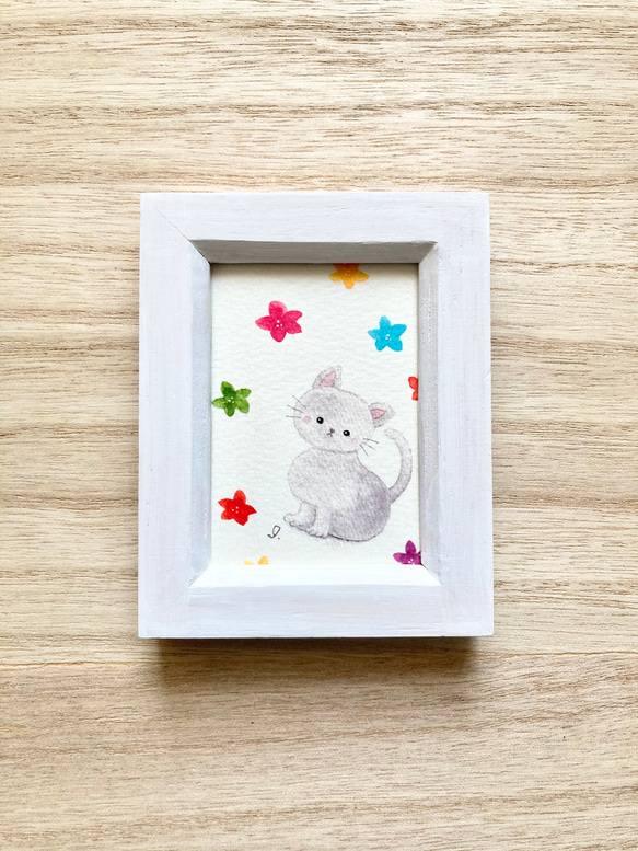 「お花と猫ちゃん」水彩画イラスト　ミニ額　ネコ　ねこ　母の日ギフト　プチギフト  花 2枚目の画像