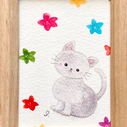 「お花と猫ちゃん」水彩画イラスト　ミニ額　ネコ　ねこ　母の日ギフト　プチギフト  花 4枚目の画像