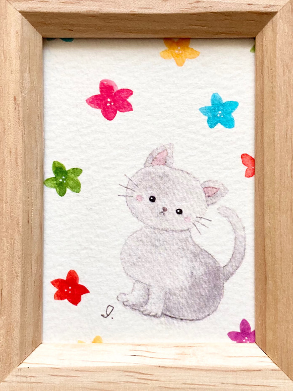 「お花と猫ちゃん」水彩画イラスト　ミニ額　ネコ　ねこ　母の日ギフト　プチギフト  花 4枚目の画像