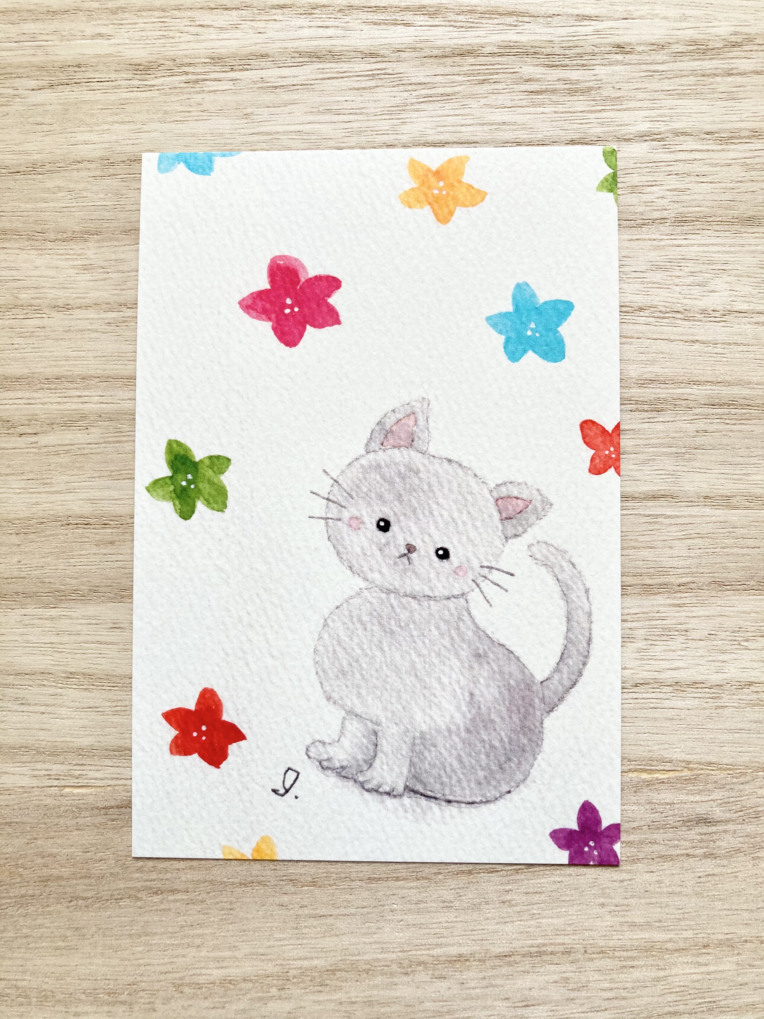 ある日の美術館　猫の親子　ポストカードsize　水彩画原画