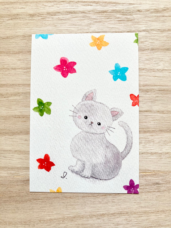 月夜のお散歩 黒猫 ねこ 原画 ポストカード 葉書サイズ 水彩画