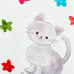 3枚セット「お花と猫ちゃん」水彩画イラストポストカード　ネコ　ねこ　母の日　母の日カード　バースデーカード　 2枚目の画像