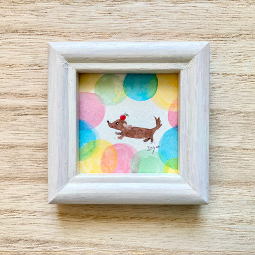 風船ダックス」水彩画イラスト ミニ額 プチギフト ダックス