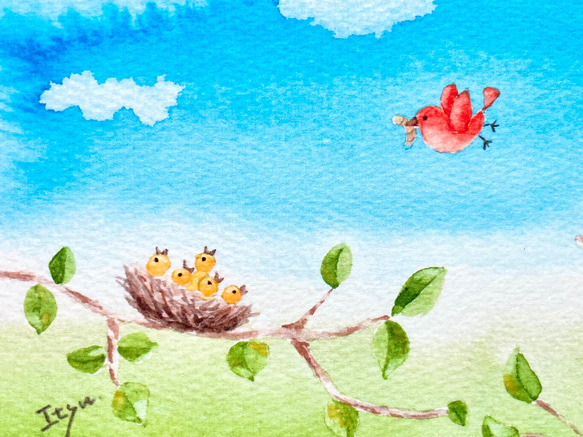 3枚セット「おなかすいたよー」水彩画イラストポストカード　鳥　小鳥　バースデーカード　母の日 2枚目の画像