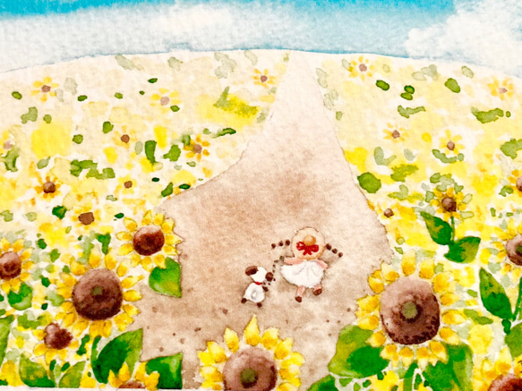 2枚セット「ひまわり畑でお散歩」水彩画イラスト　ミニカード　ヒマワリ　メッセージカード　バースデーカード　母の日 2枚目の画像
