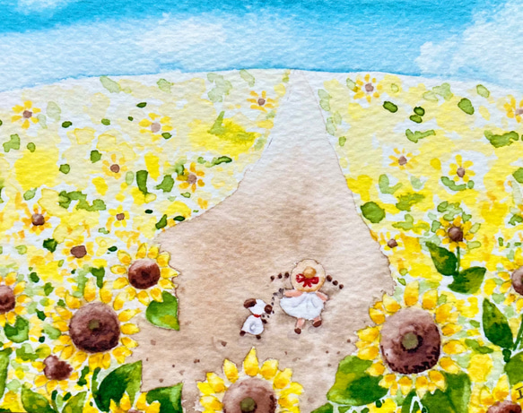 3枚セット「ひまわり畑でお散歩」水彩画イラストポストカード　ヒマワリ　メッセージカード　バースデーカード　母の日 1枚目の画像