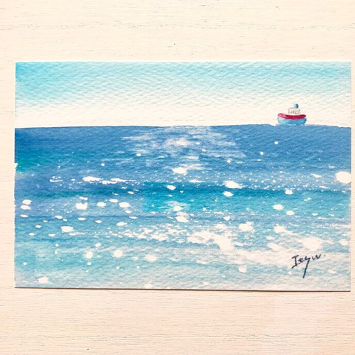 静かな海」水彩画イラストポストカード 船 メッセージカード 暑中