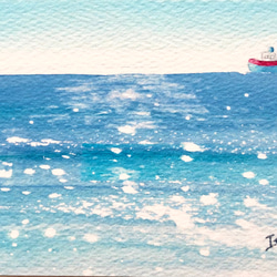 「静かな海」水彩画イラスト　ミニ額　船　プチギフト  母の日　父の日 4枚目の画像