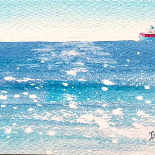 静かな海」水彩画イラスト ミニ額 船 プチギフト 母の日 父の日