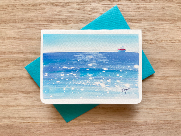 2枚セット「静かな海」水彩画イラスト　ミニカード　船　バースデーカード　メッセージカード　母の日　父の日　暑中見舞い 1枚目の画像