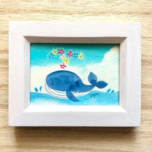 のんびりクジラ」水彩画イラスト ミニ額 くじら 海 プチギフト 母の日