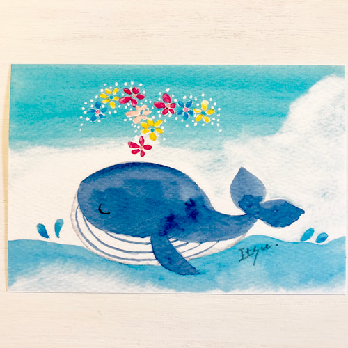 3枚セット「のんびりクジラ」水彩画イラストポストカード 海 くじら 夏