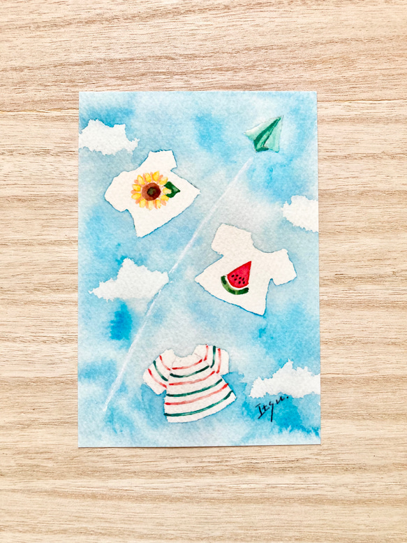 3枚セット「Tシャツと紙ひこうき」水彩画イラストポストカード