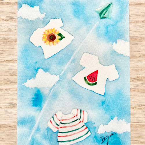 3枚セット「Tシャツと紙ひこうき」水彩画イラストポストカード