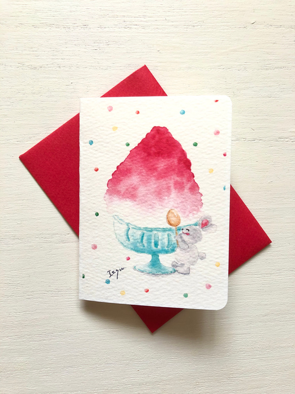 2枚セット「かき氷食べよ♪」水彩画イラスト　ミニカード　バースデーカード　メッセージカード　母の日　父の日　うさぎ　 1枚目の画像