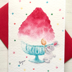 2枚セット「かき氷食べよ♪」水彩画イラスト　ミニカード　バースデーカード　メッセージカード　母の日　父の日　うさぎ　 2枚目の画像
