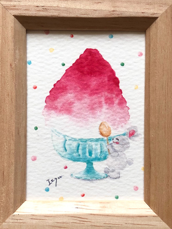 「かき氷食べよ♪」水彩画イラスト　ミニ額　プチギフト  母の日　父の日　うさぎ　ウサギ　夏 4枚目の画像