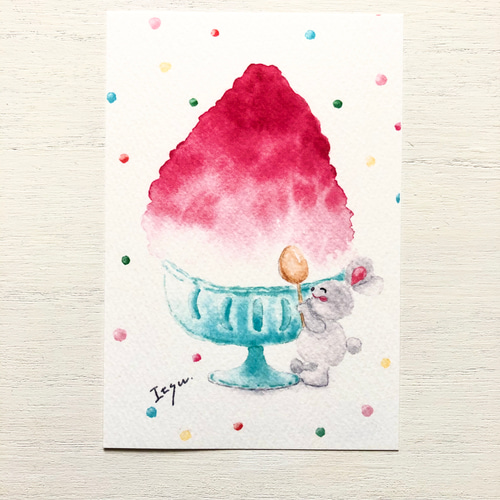 3枚セット「かき氷食べよ♪」水彩画イラストポストカード うさぎ