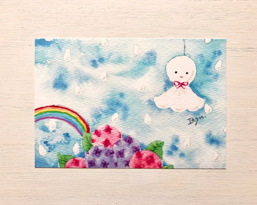 3枚セット「てるてる坊主」水彩画イラストポストカード 紫陽花