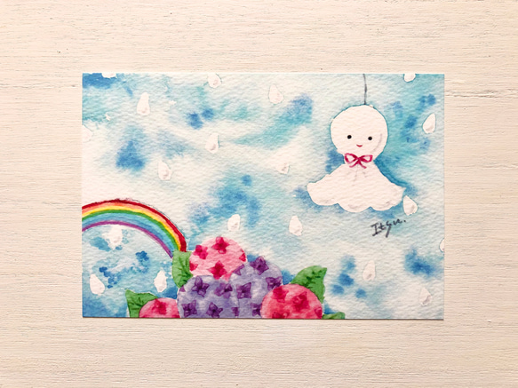 3枚セット「てるてる坊主」水彩画イラストポストカード　紫陽花　あじさい　梅雨　母の日　父の日 1枚目の画像