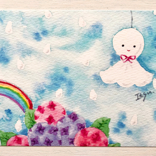 3枚セット「てるてる坊主」水彩画イラストポストカード 紫陽花