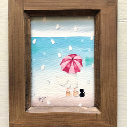 「海を見ていた雨の日」水彩画イラスト　ミニ額　プチギフト  母の日　父の日　猫　ネコ　傘 4枚目の画像